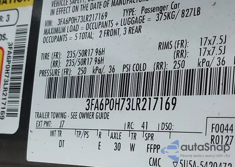 2020 Ford Fusion Se z USA, uszkodzony, nr VIN 3FA6P0H73LR217169